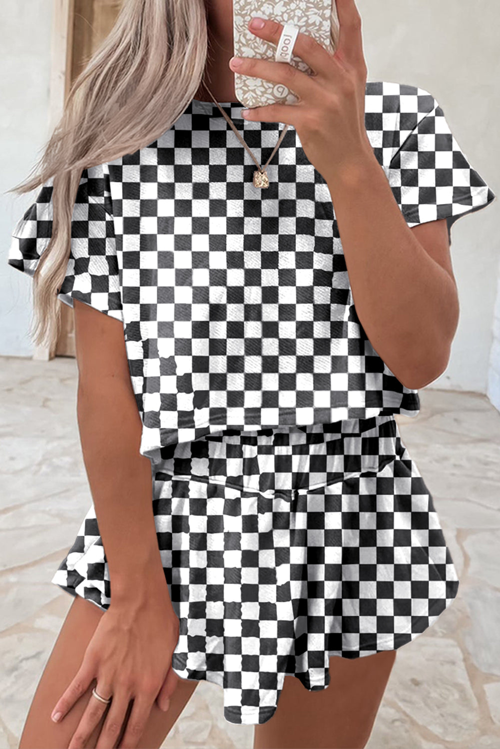 Brown Checkerboard T Shirt and High Waist Skorts Set