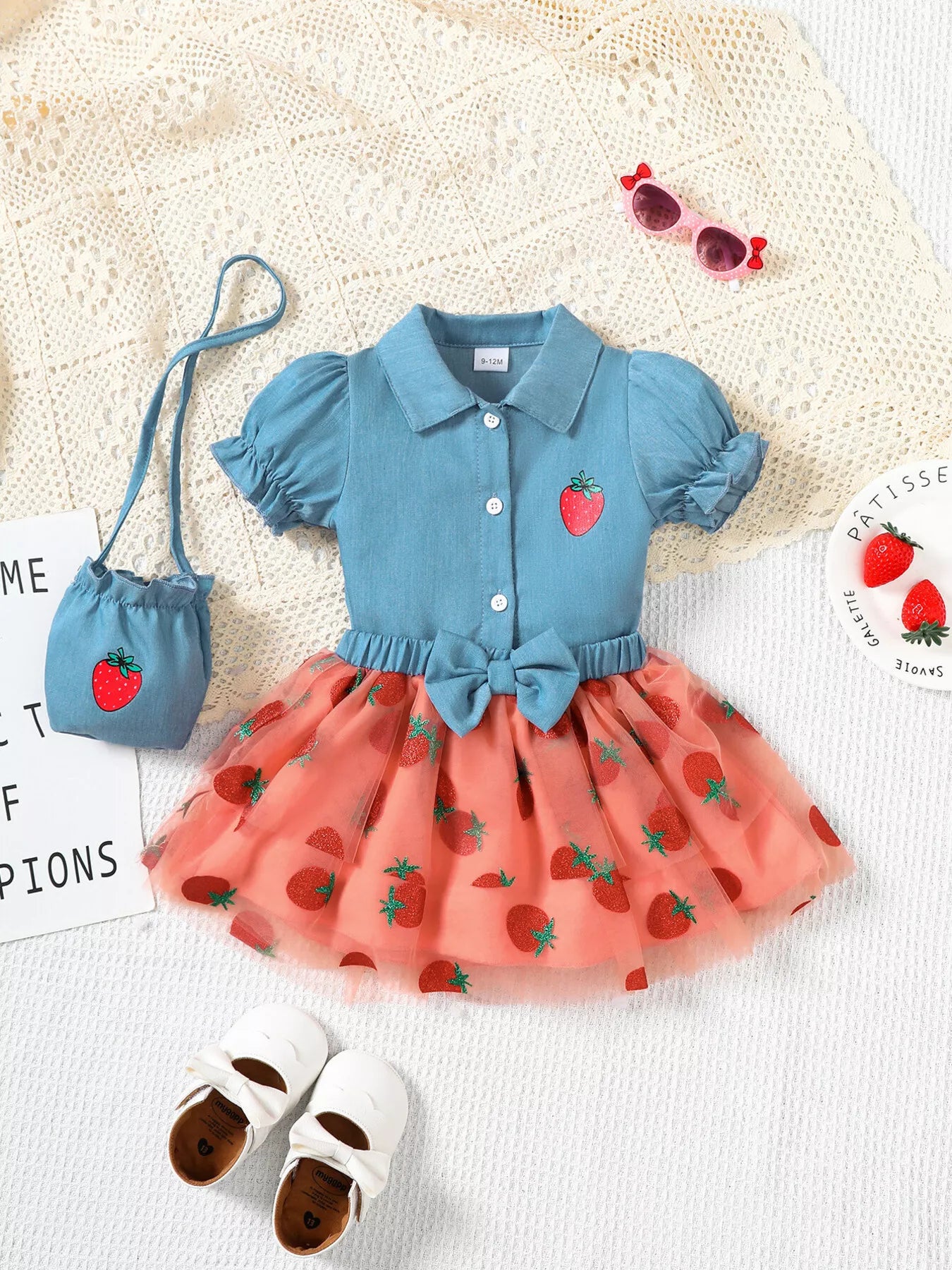 Children's Strawberry Short Sleeve Top and Skirt Set with Bag