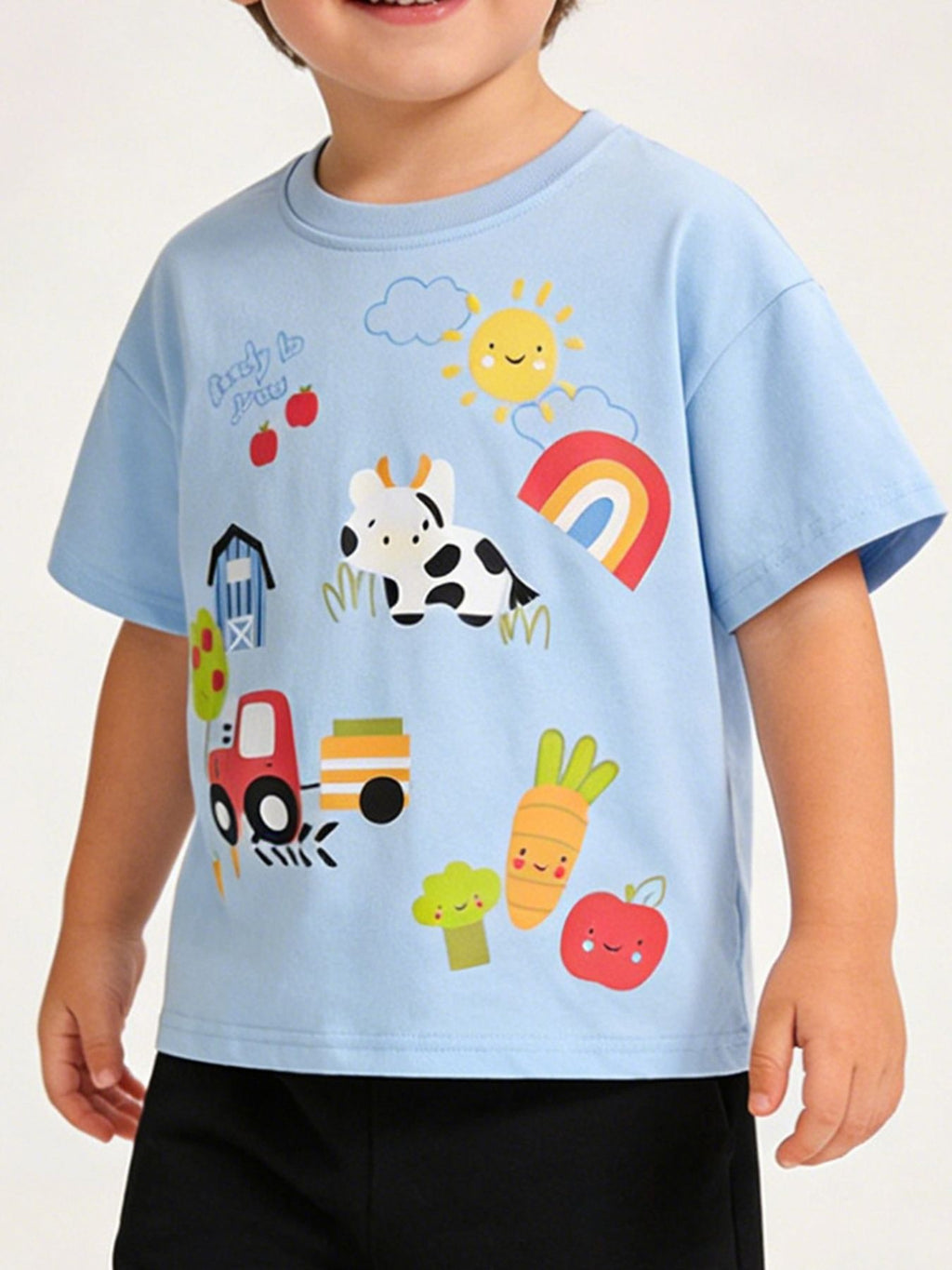 Children's Cartoon Farm Print Short Sleeve T-Shirt