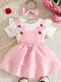 Children's Heart Print Ruffle Trim Bodysuit and Dress Set with Headband