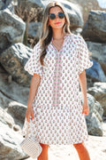 Pink Floral Print Bubble Sleeve Neck Tie Ruffled Dress