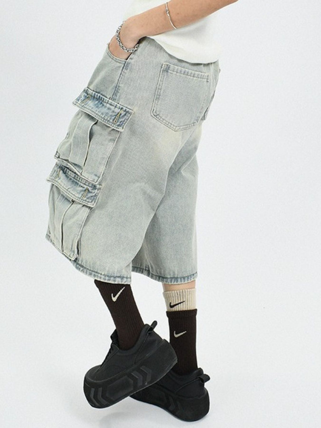 Men's Plus Size Washed Multi-Pocket Cargo Capris Jeans