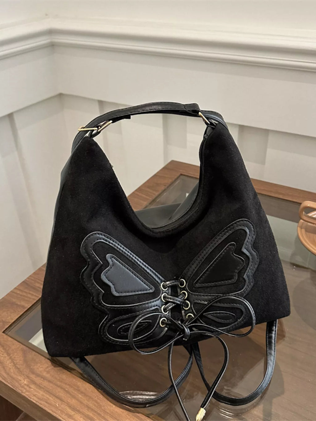 Butterfly Decor Lace-Up Shoulder Bag