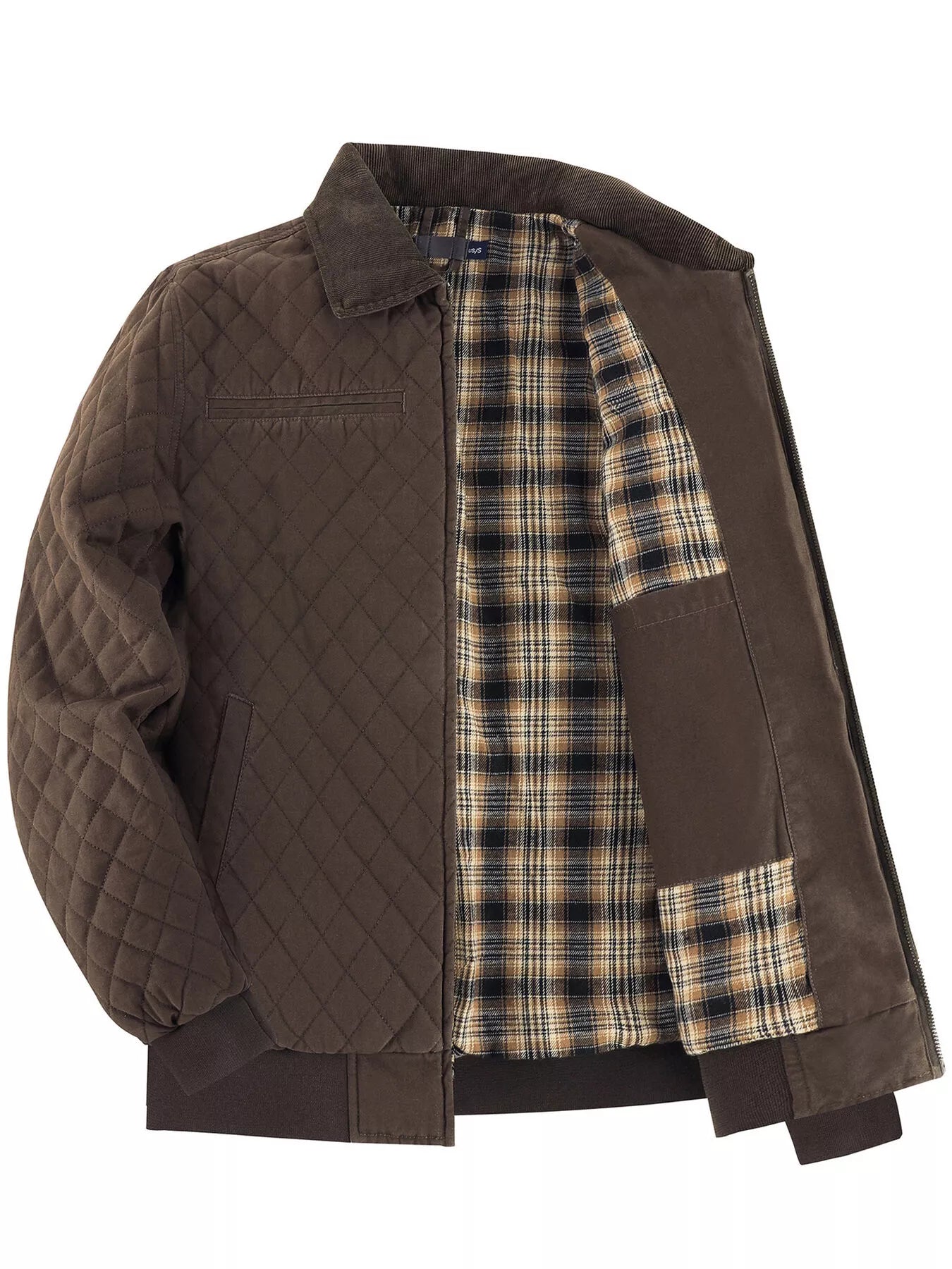 Men's Quilted Collared Neck Jacket with Plaid Lining