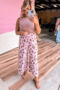 Pink Drawstring Leopard Print Patch Pocket Loose Pants