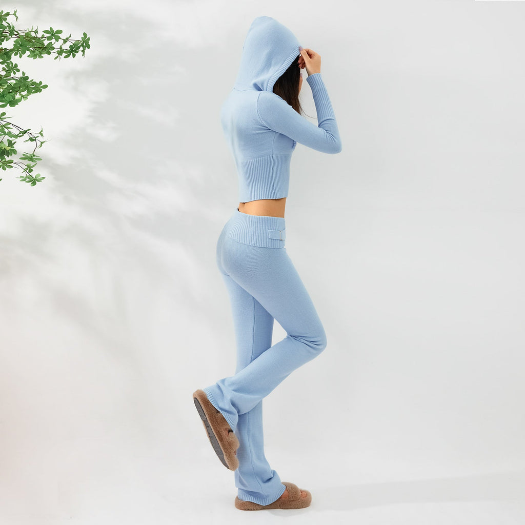 Women’s Knitted Hooded Two-Piece Set – Cardigan & High-Waisted Pants Suit