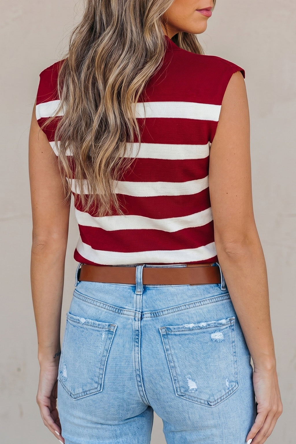 Red Stripe Collared Split Neck Sweater Vest