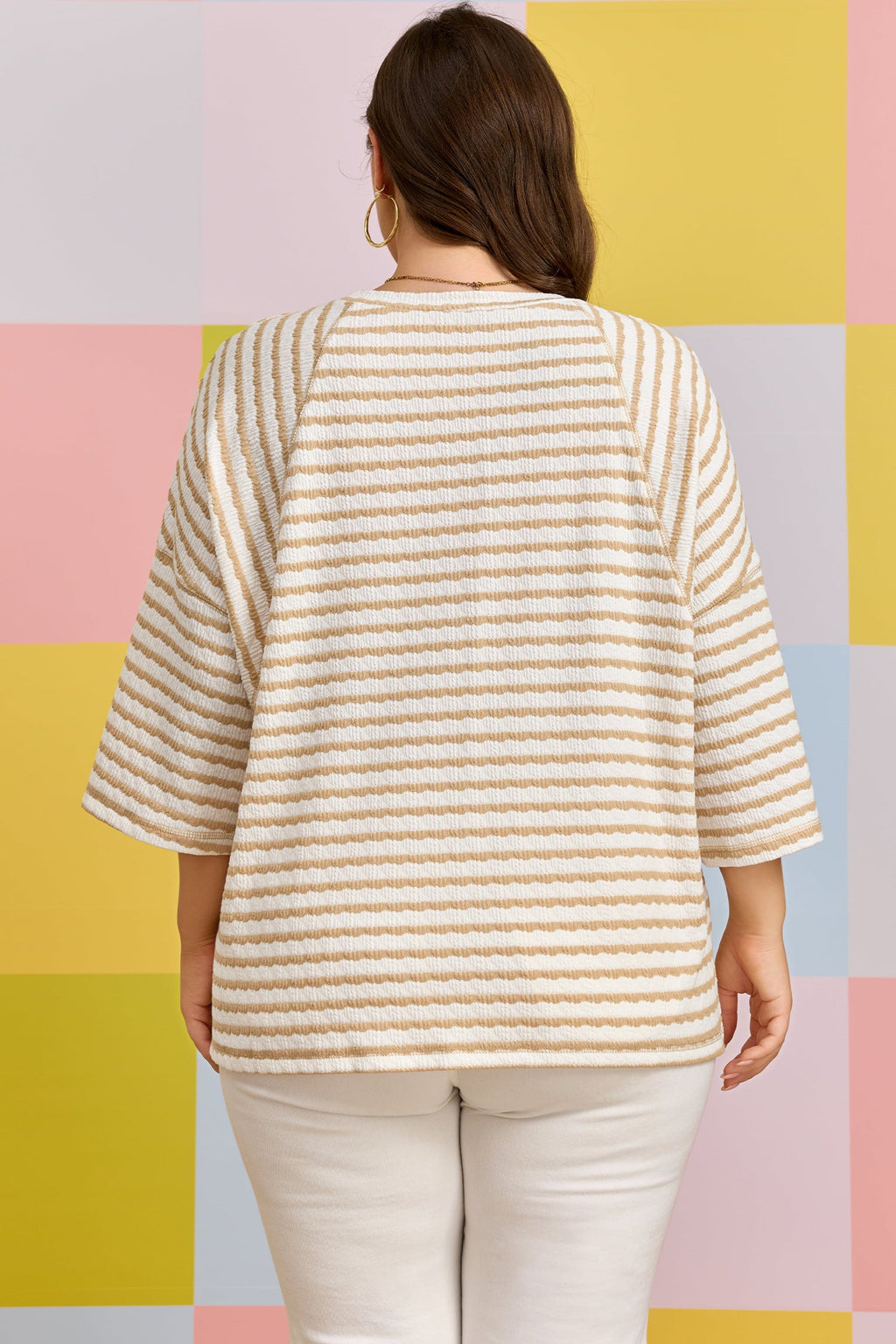 Apricot Stripe Plus Size Textured Patchwork Detail Half Sleeve Top