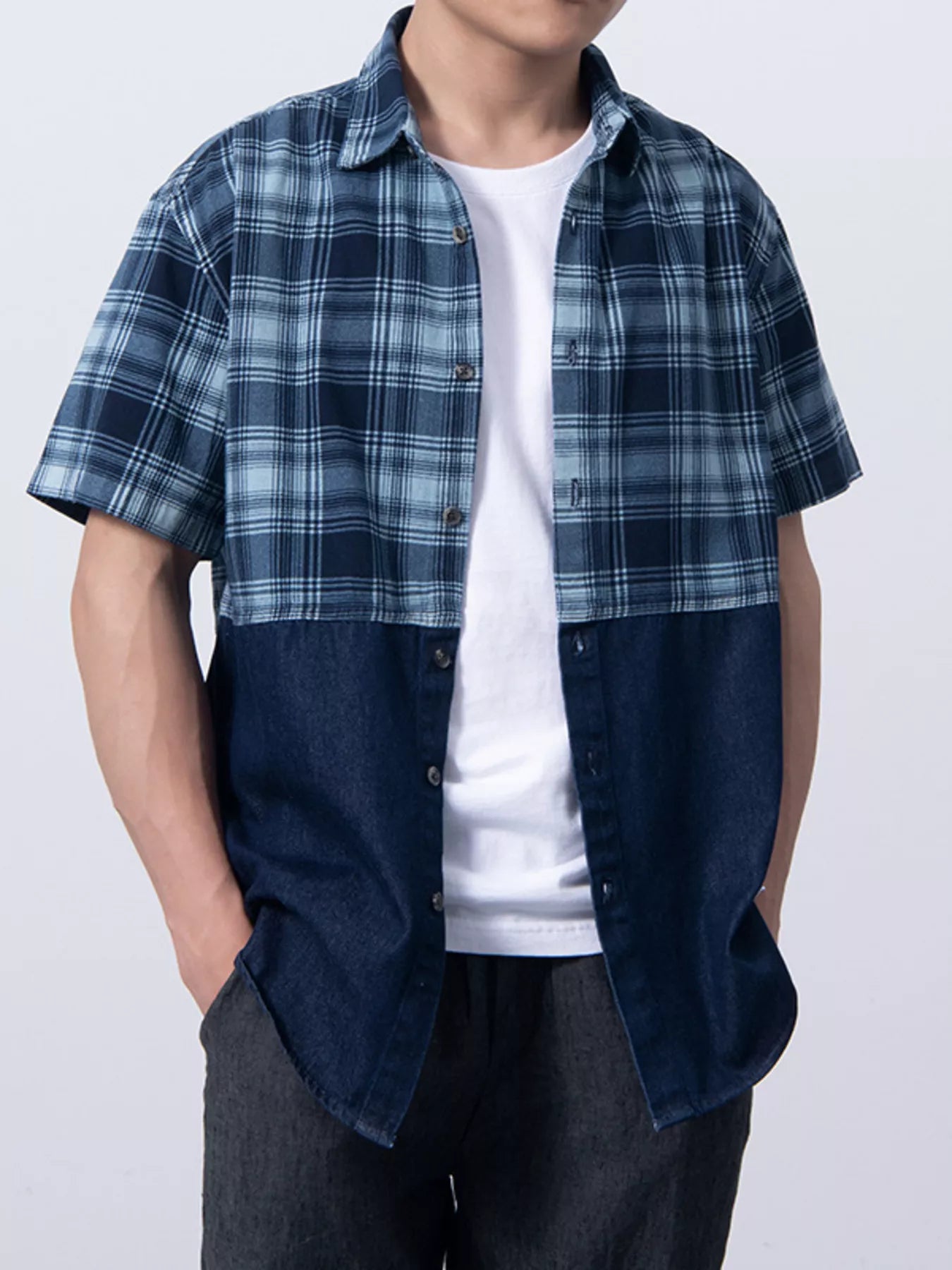 Men's Plus Size Plaid Color Block Short Sleeve Shirt