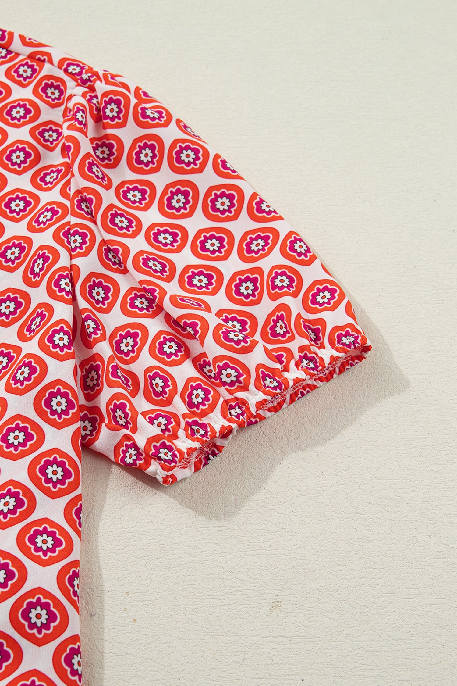 Orange Geometric Floral Print Color Block Trim Button Front Ruffle Hem Dress