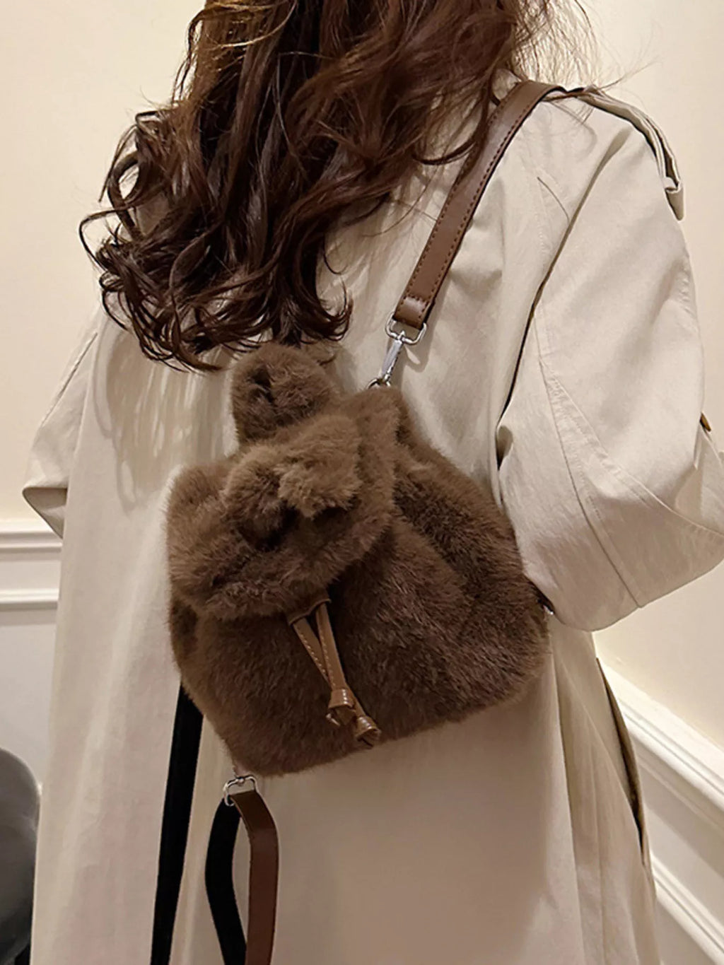 Fuzzy Plush Drawstring Backpack Bag