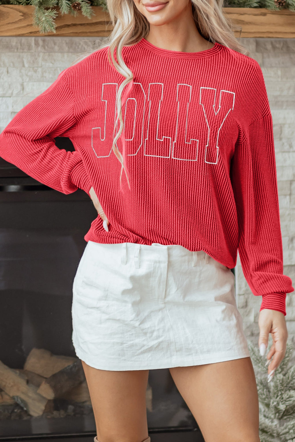 Racing Red Twisted Rib Outlined Merry Letter Graphic Loose Long Sleeve Top