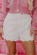 White Scalloped Hemline Acid Wash High Waist Denim Shorts