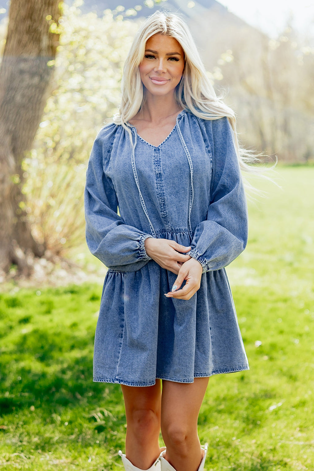 Myosotis Puff Sleeve V Neck Ruffled Loose Denim Mini Dress