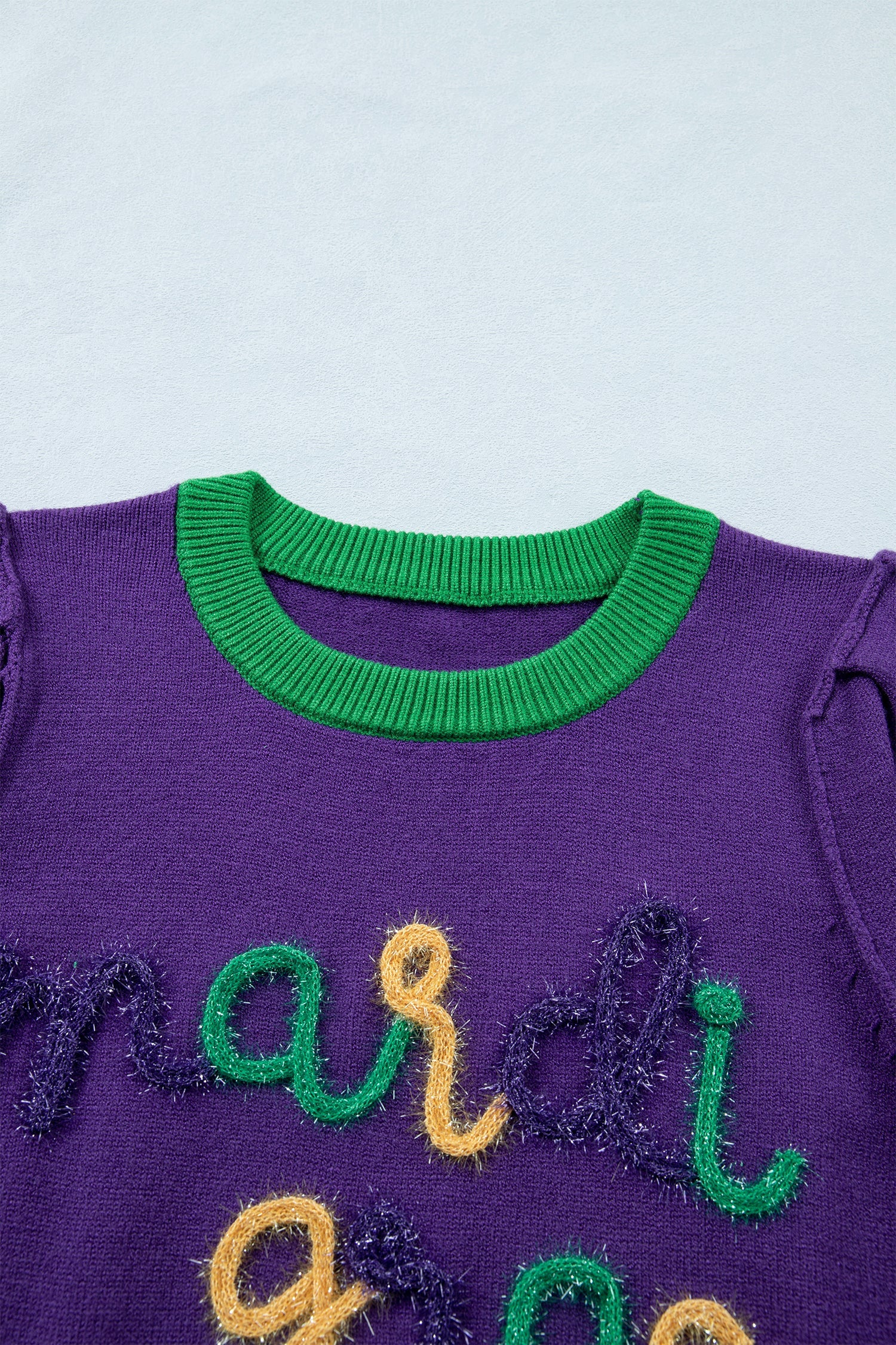 Tillandsia Purple Mardi Gras Tinsel Graphic Short Sleeve Sweater