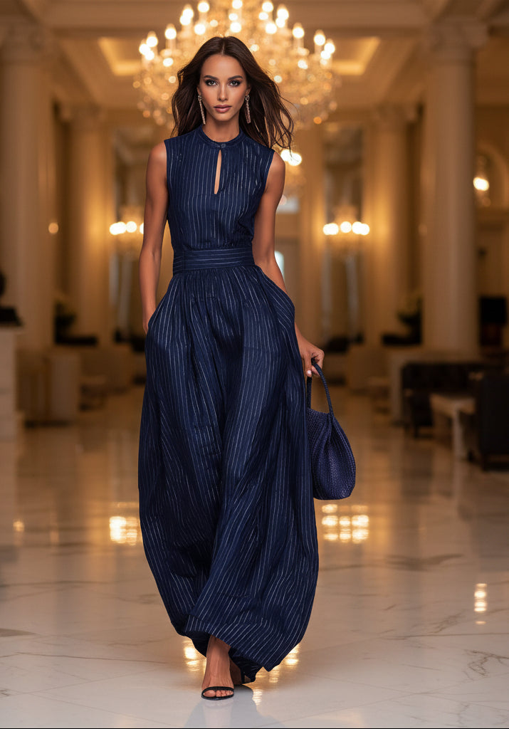 Women's Navy Blue Striped Sleeveless Wide-Leg Jumpsuit — High-Waist French Style