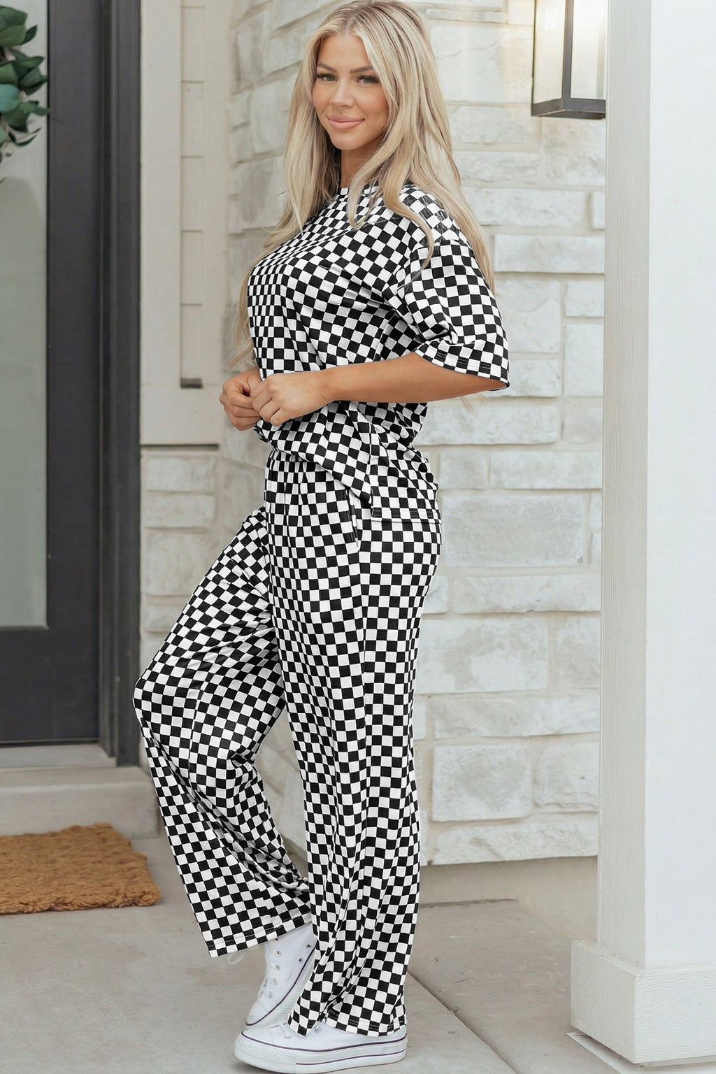 Black Checkered Print Half Sleeve Tee 2pcs Lounge Pant Set