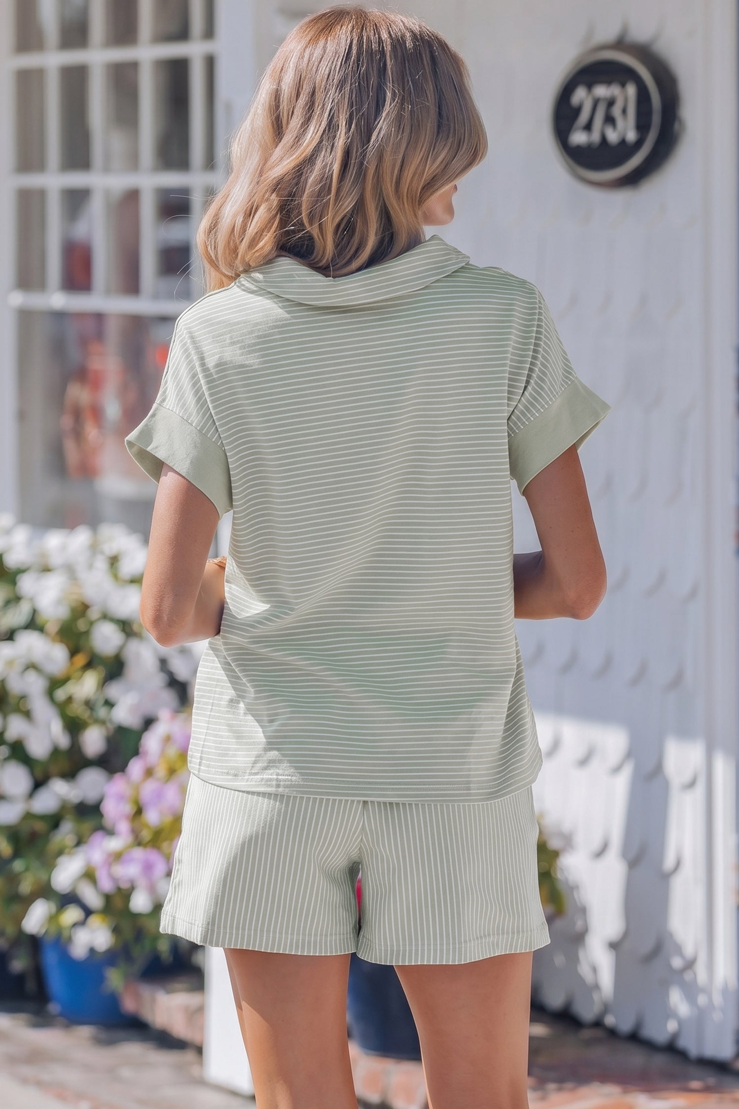 Khaki Stripe Dolman Sleeve Polo Shirt and Drawstring Shorts Set