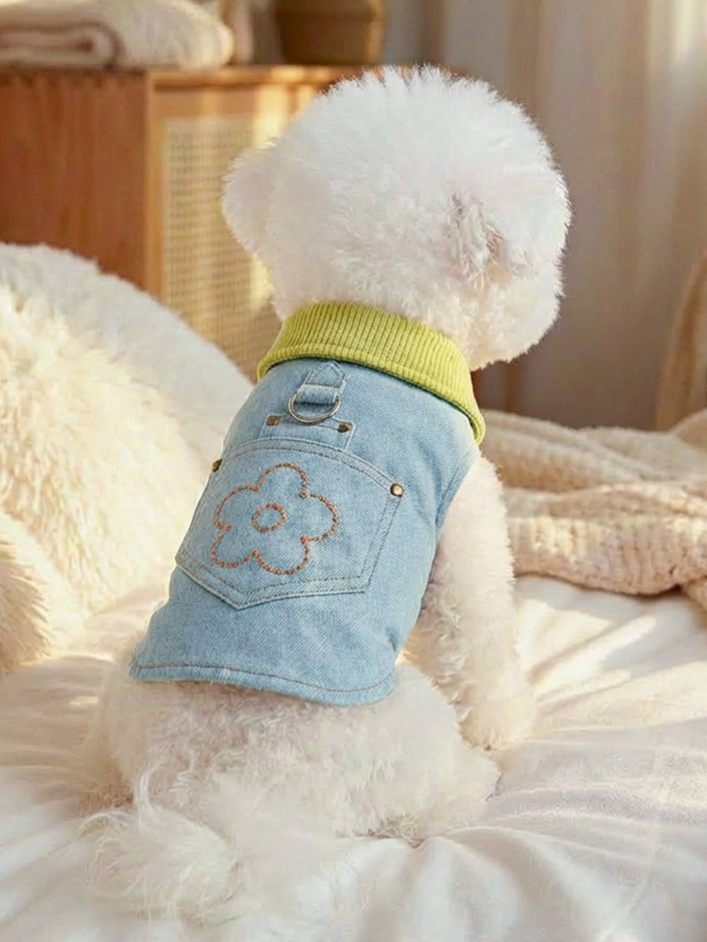 Denim Flower Embroidered Pet Top