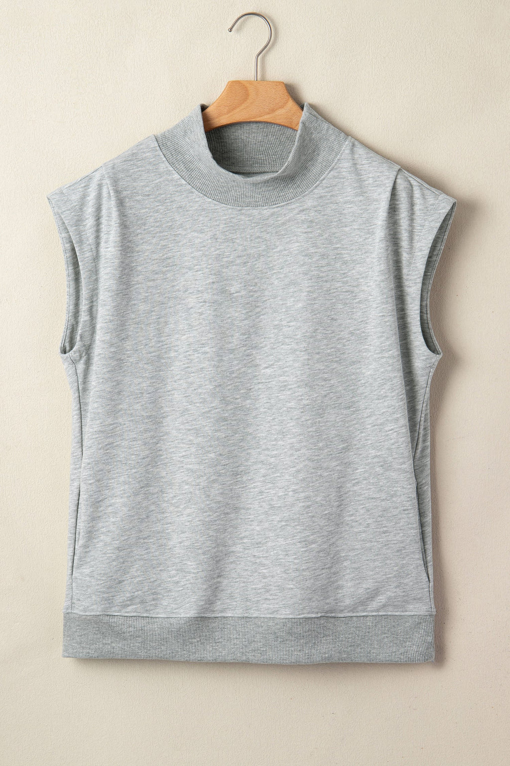 Light Grey Solid Color High Neck Cap Sleeve Loose Top