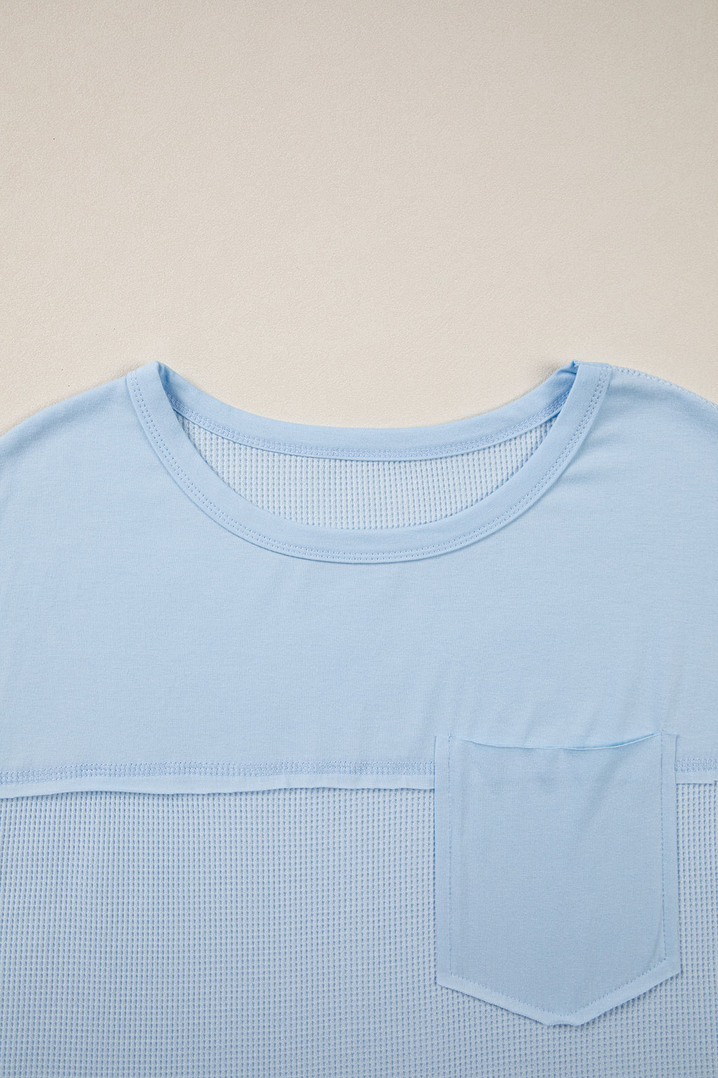 Light Blue Solid Color Raw Seam Waffled Patchwork Casual T Shirt