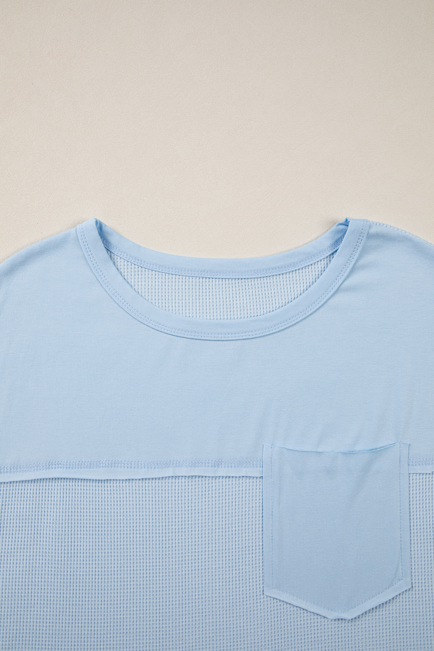 Light Blue Solid Color Raw Seam Waffled Patchwork Casual T Shirt