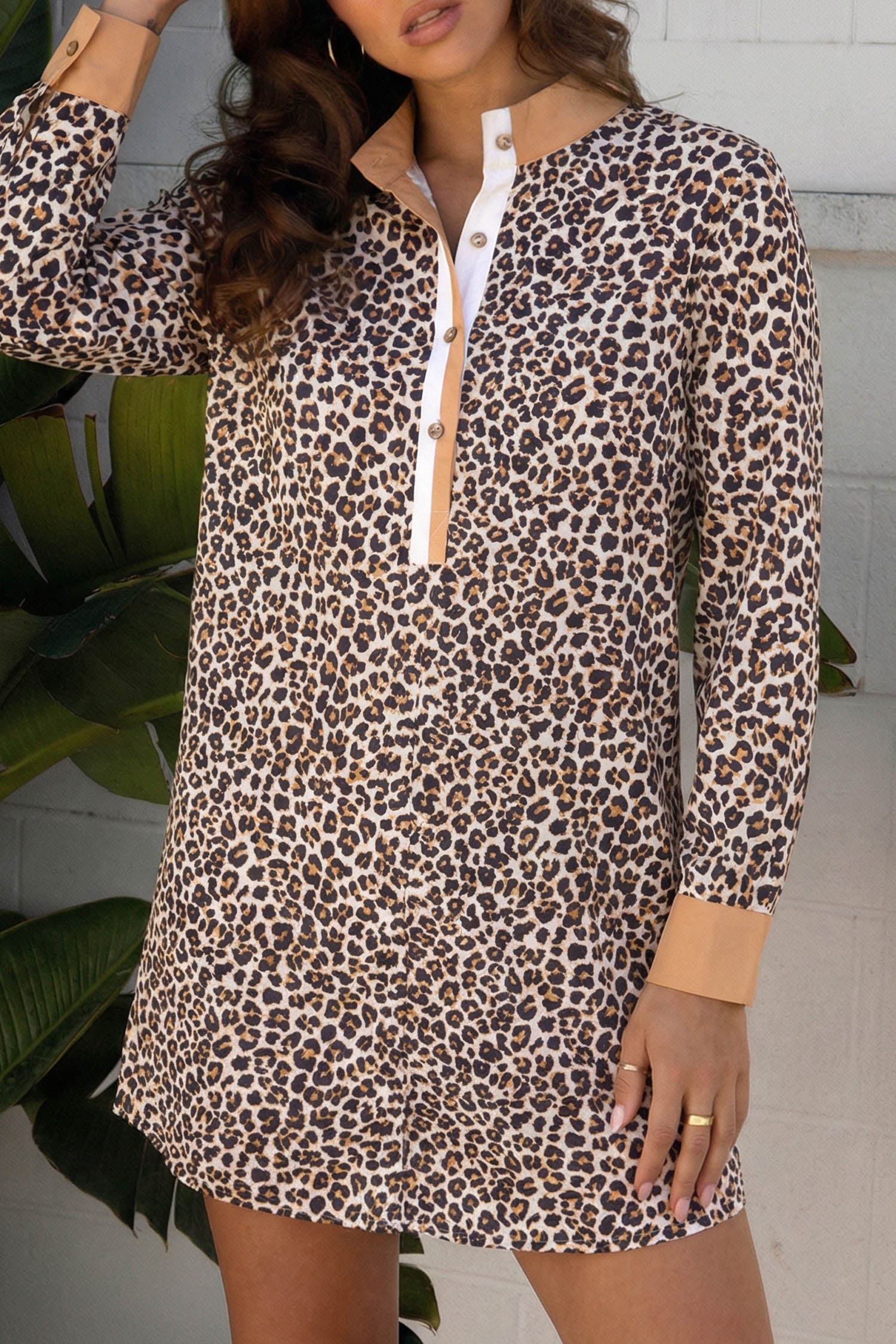 Khaki Button Striped Collar Leopard Print Long Sleeve Flared Dress