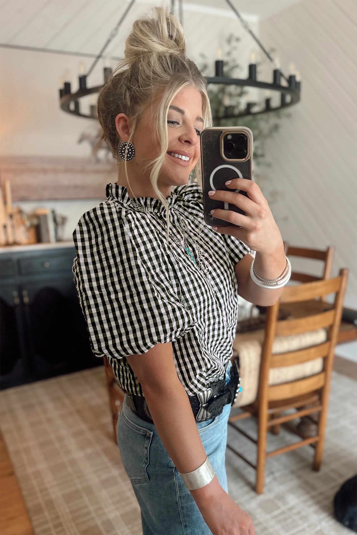 Black Plaid Short Puff Sleeve Frilled Neck Blouse
