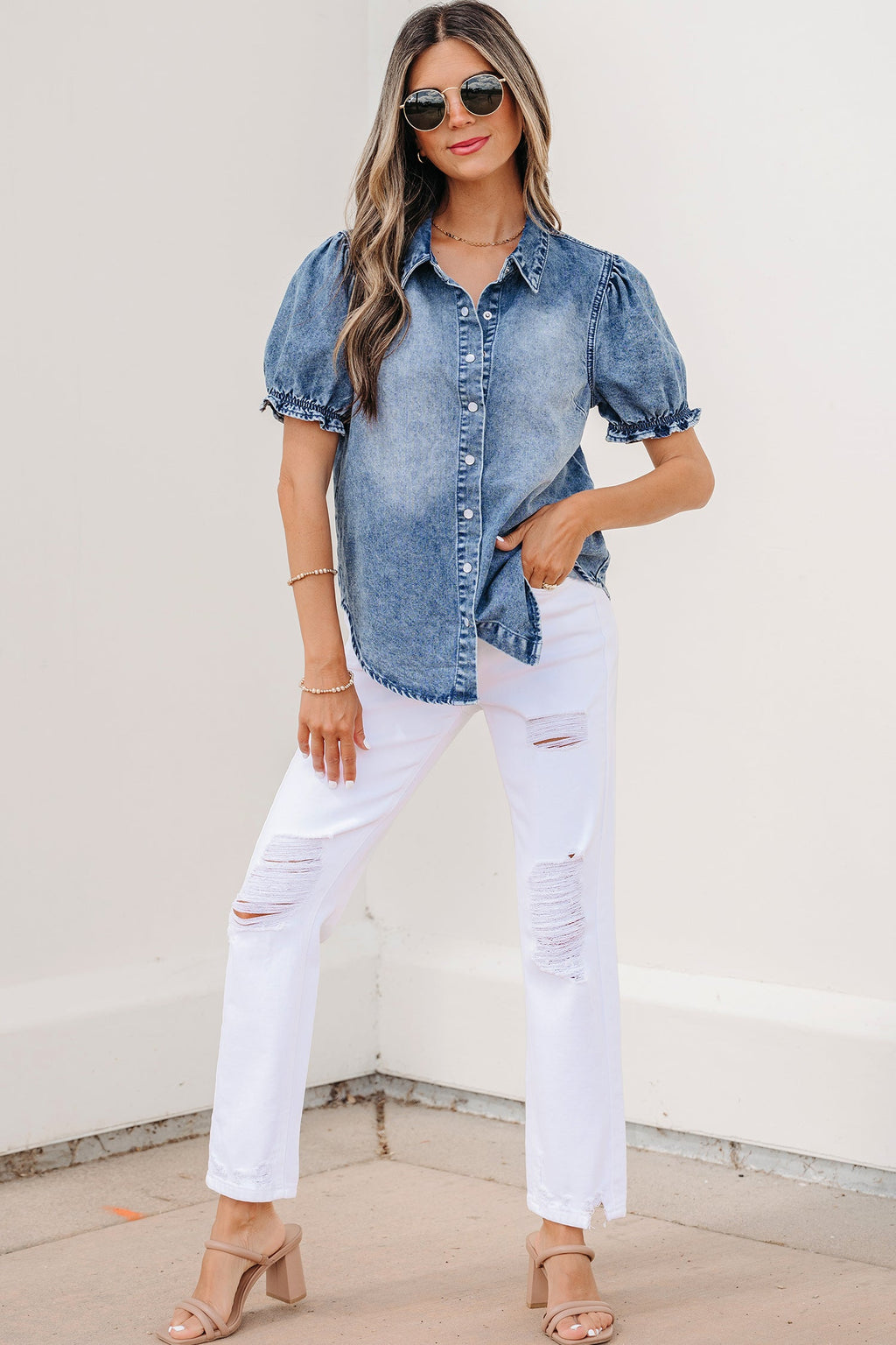 Beau Blue Frilled Short Sleeve Snap Button Denim Shirt
