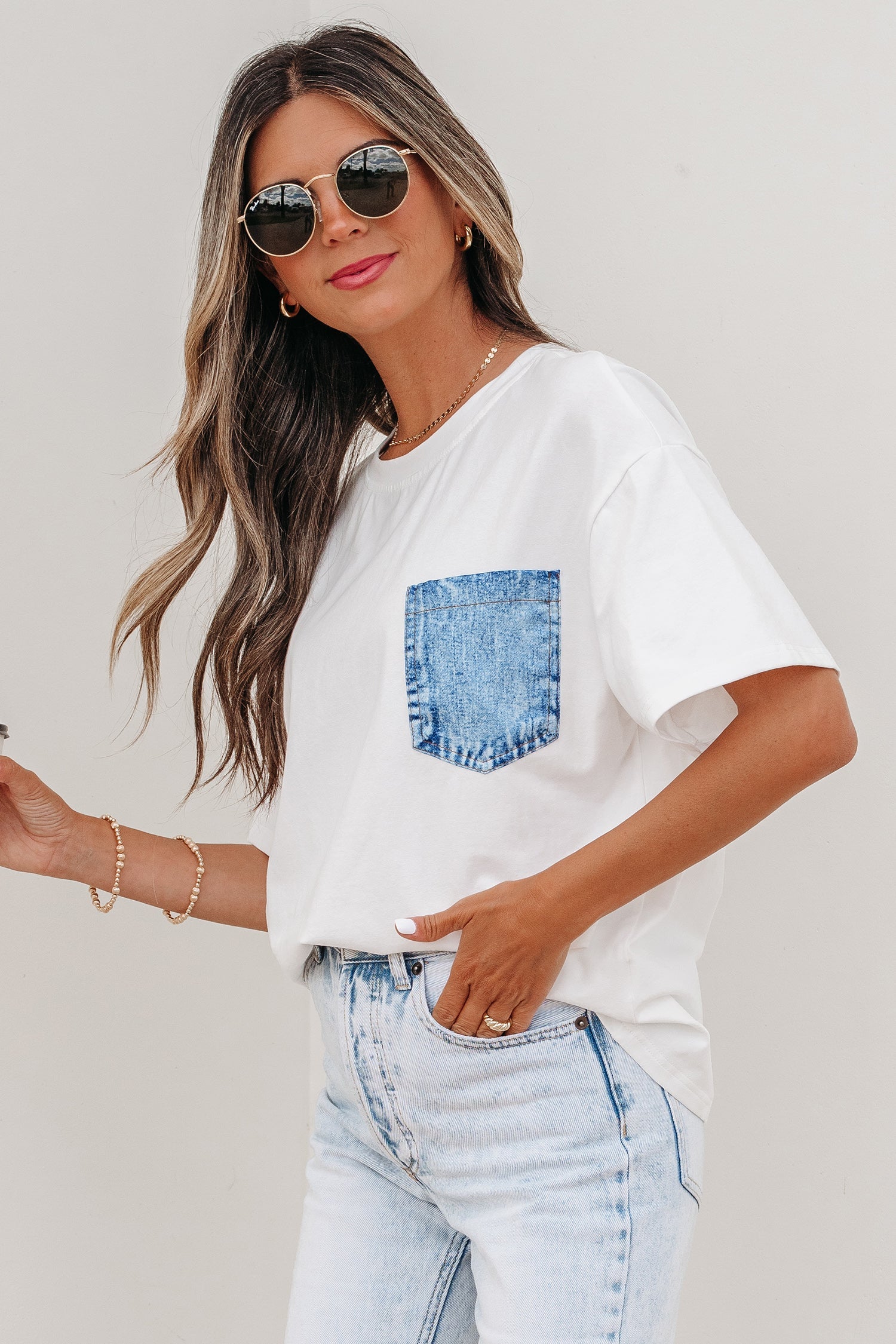 White Color Block Chest Pocket Patched Casual Short Sleeve Top