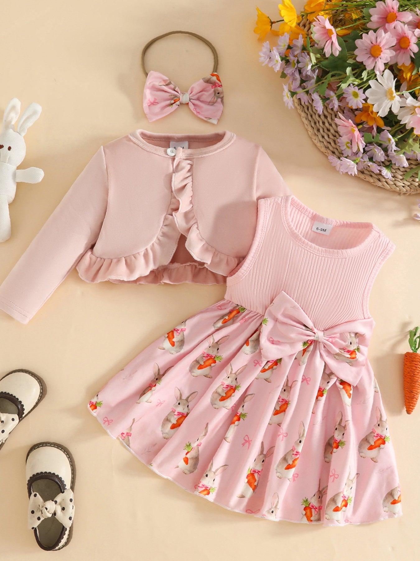 Children's Ruffled Cardigan and Bow Dress Set with Headband