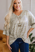 Gray Leopard Print Half Sleeve V Neck Loose Fit T Shirt