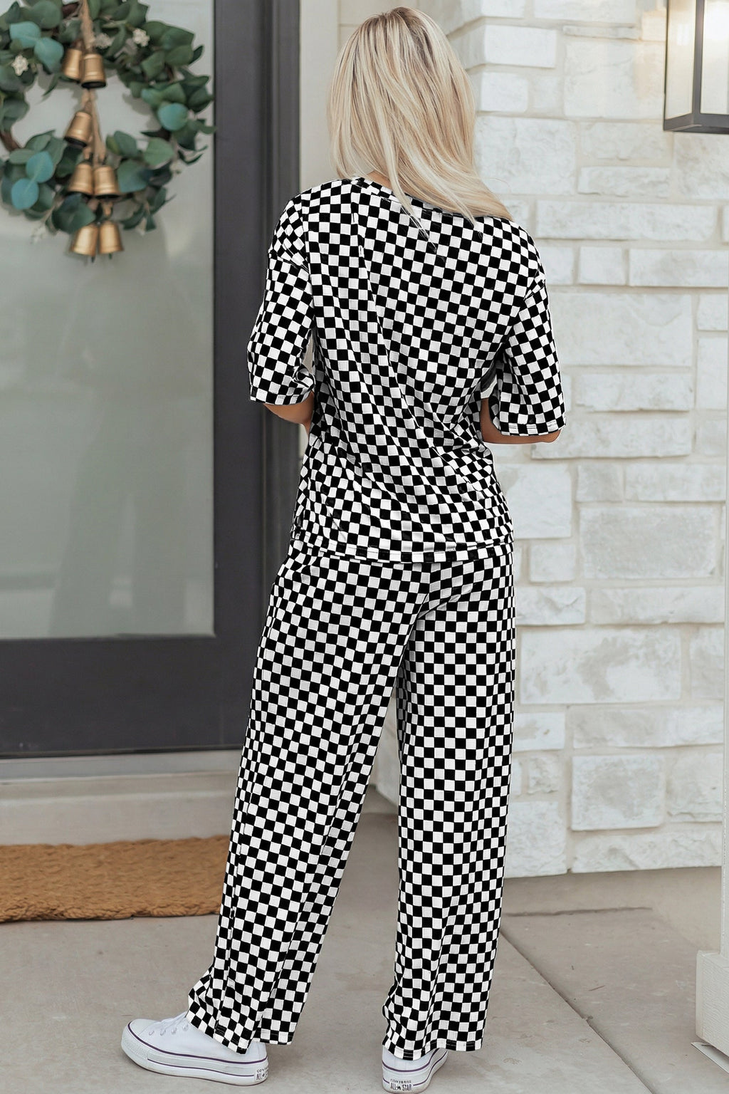 Black Checkered Print Half Sleeve Tee 2pcs Lounge Pant Set