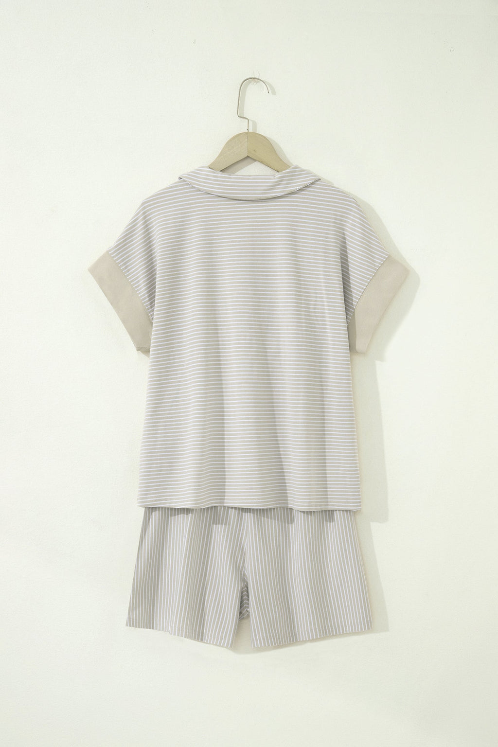 Khaki Stripe Dolman Sleeve Polo Shirt and Drawstring Shorts Set