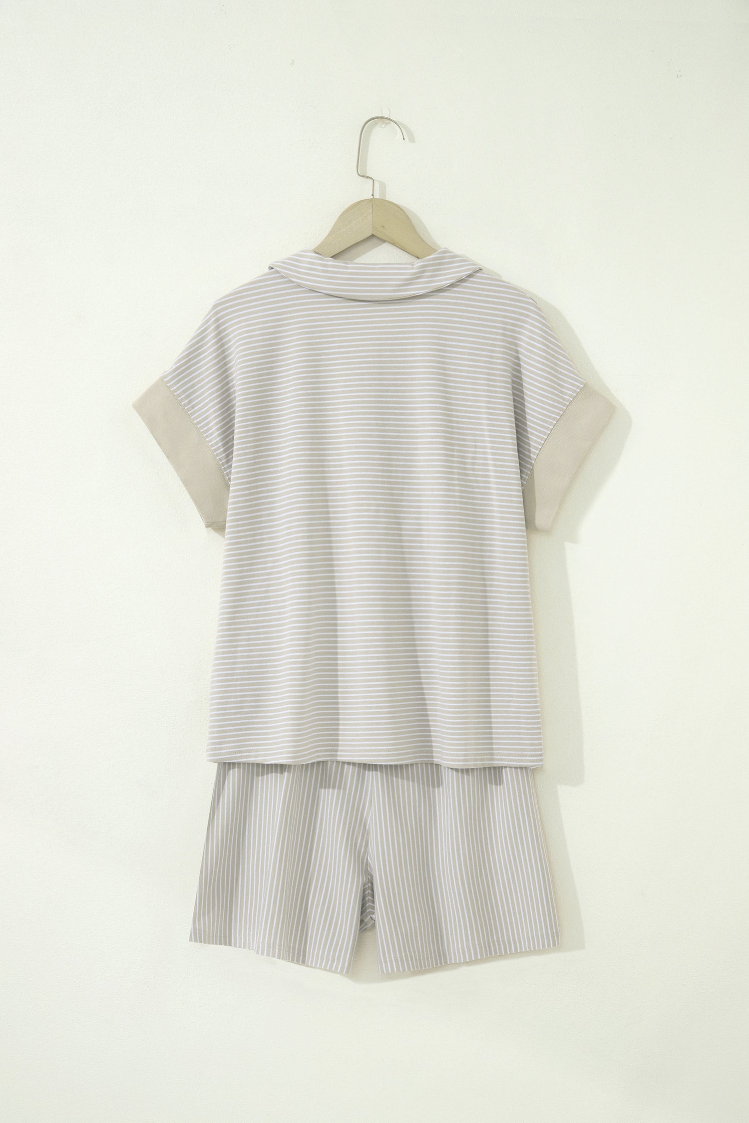 Khaki Stripe Dolman Sleeve Polo Shirt and Drawstring Shorts Set