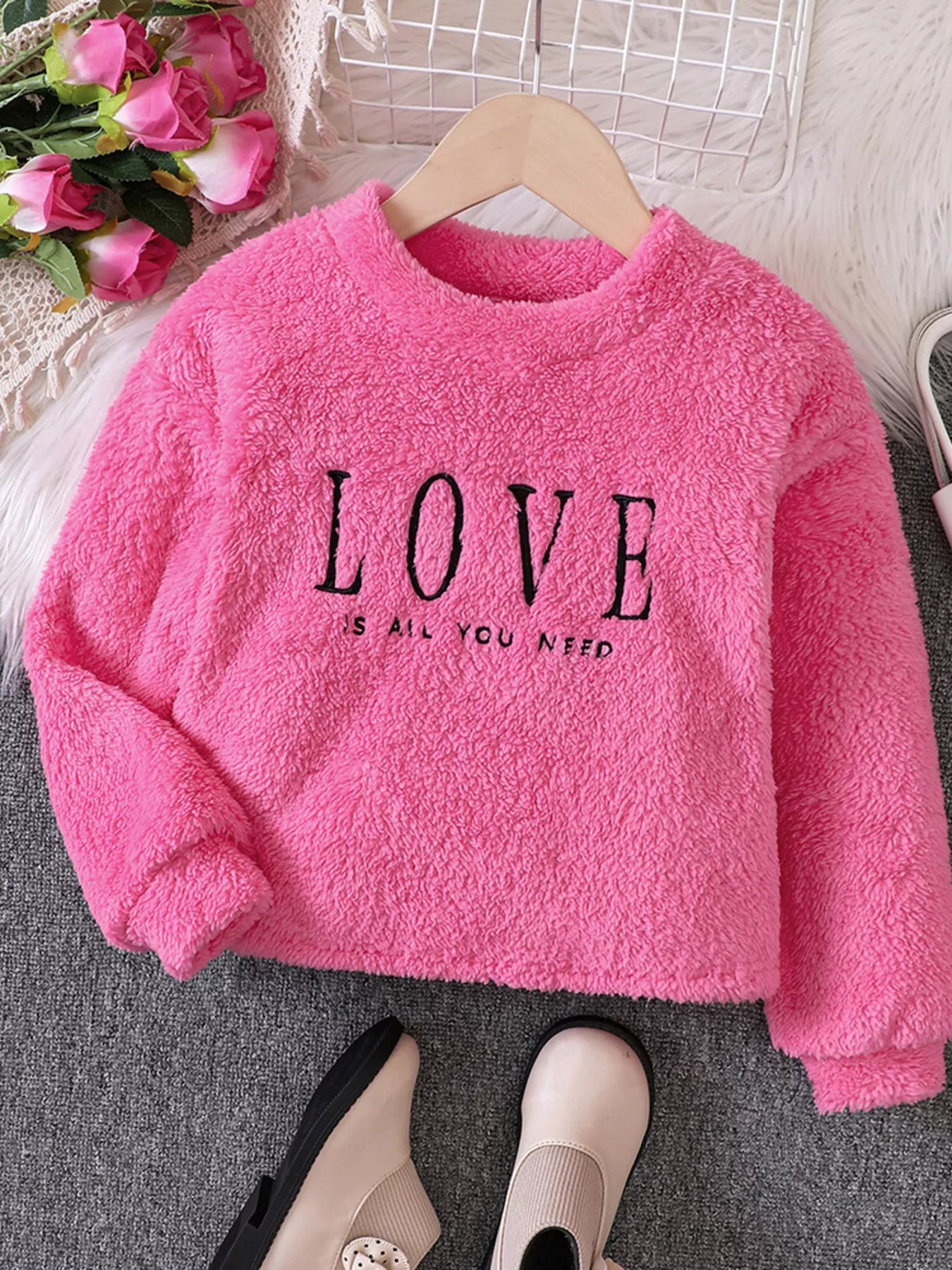 Children's Love Round Neck Fuzzy Sweatshirt