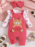 Children's Floral Bodysuit and Bear Overalls Set with Headband