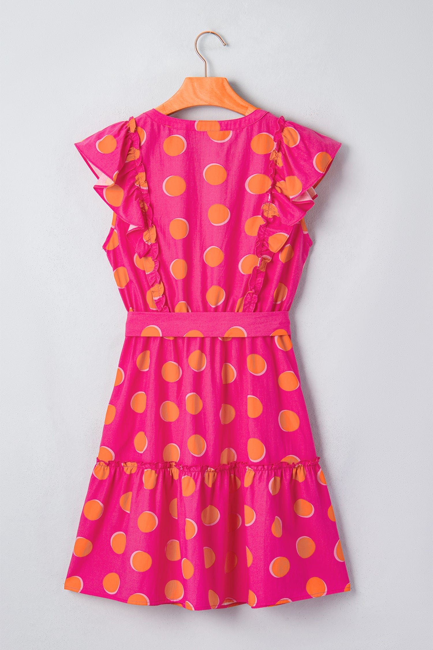 Rose Double Polka Dot V Neck Ruffled Short Sleeve Dress