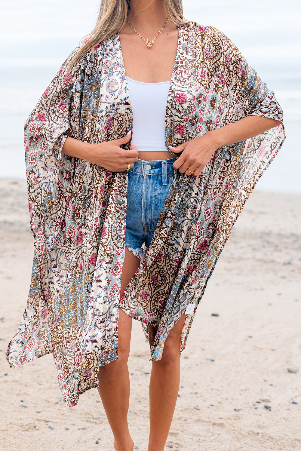 Apricot Floral Print Short Wide Sleeve Open Front Loose Kimono