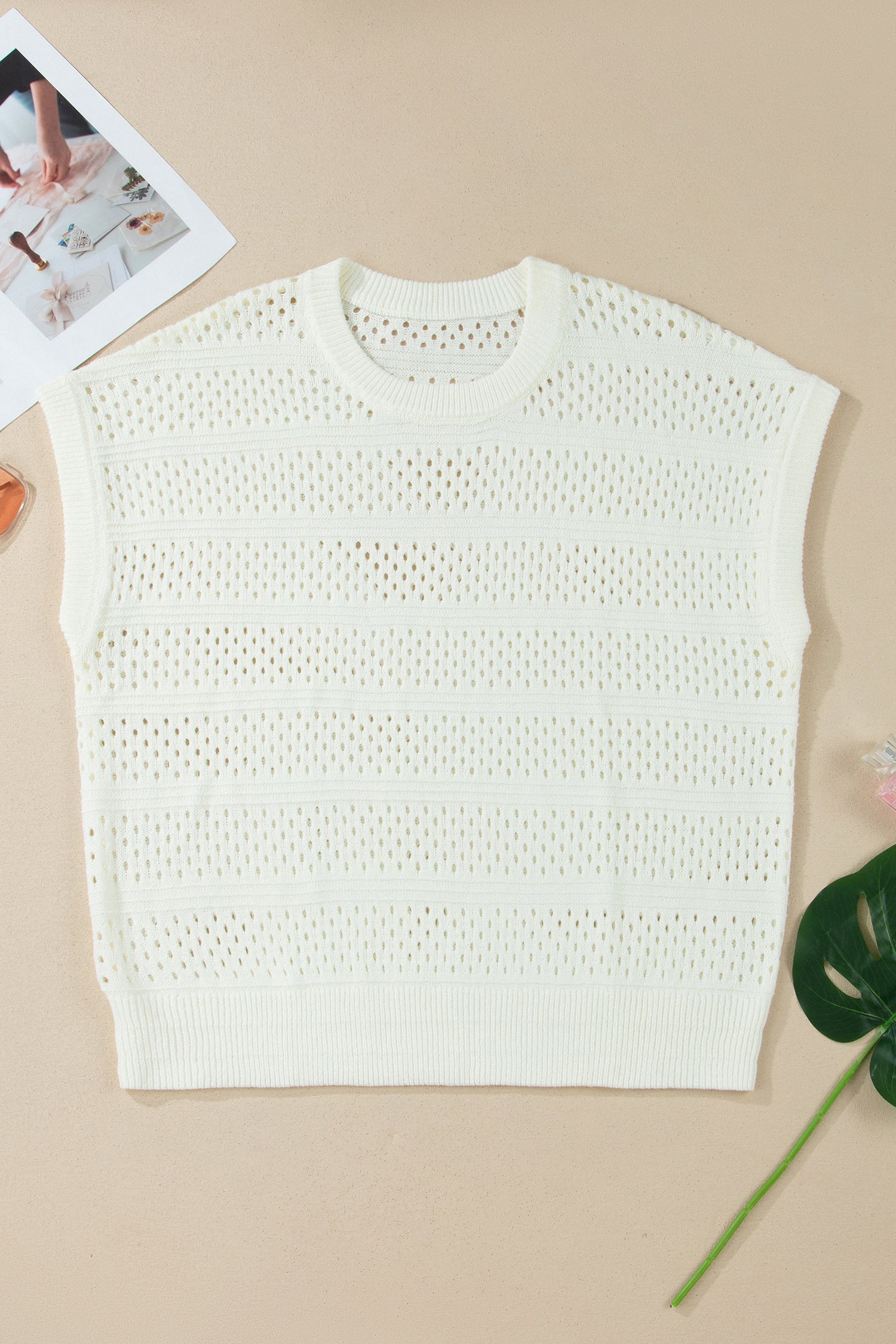 White Plus Size Eyelet Hollow Out Knit Ribbed Trim Short Sleeve Dolman Sweater