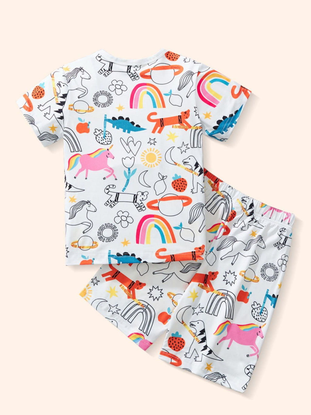 Children's Cartoon Print Round Neck Tee and Shorts Set