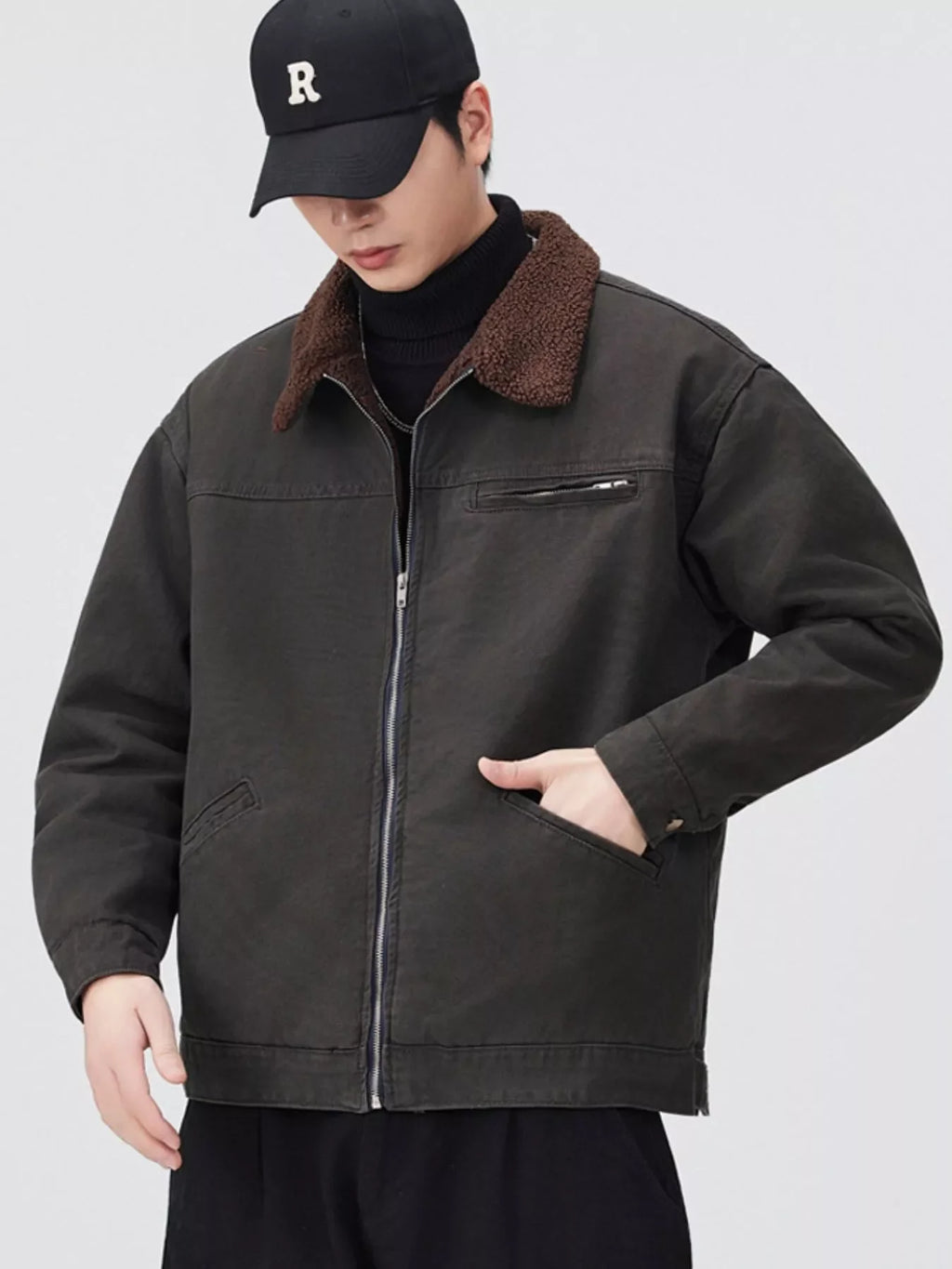 Men's Plus Size Sherpa Collar Zip Up Jacket