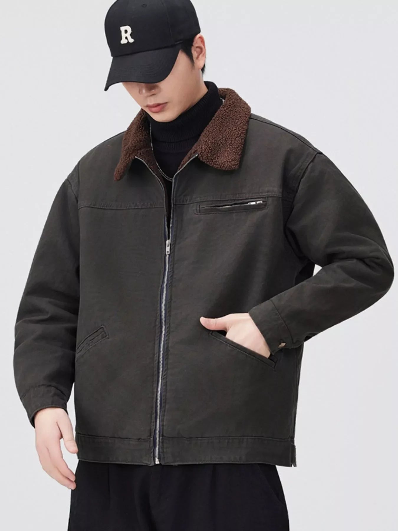 Men's Plus Size Sherpa Collar Zip Up Jacket