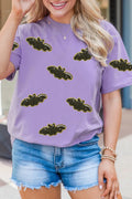 Wisteria Sequin Halloween Bat Patched Casual T Shirt