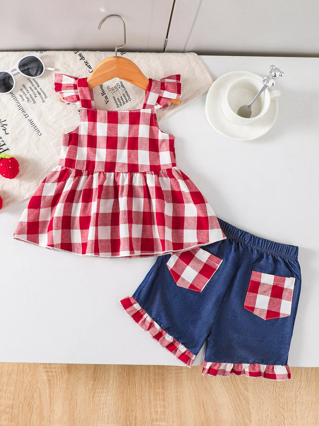 Children's Gingham Bowknot Ruffle Trim Top and Shorts Set