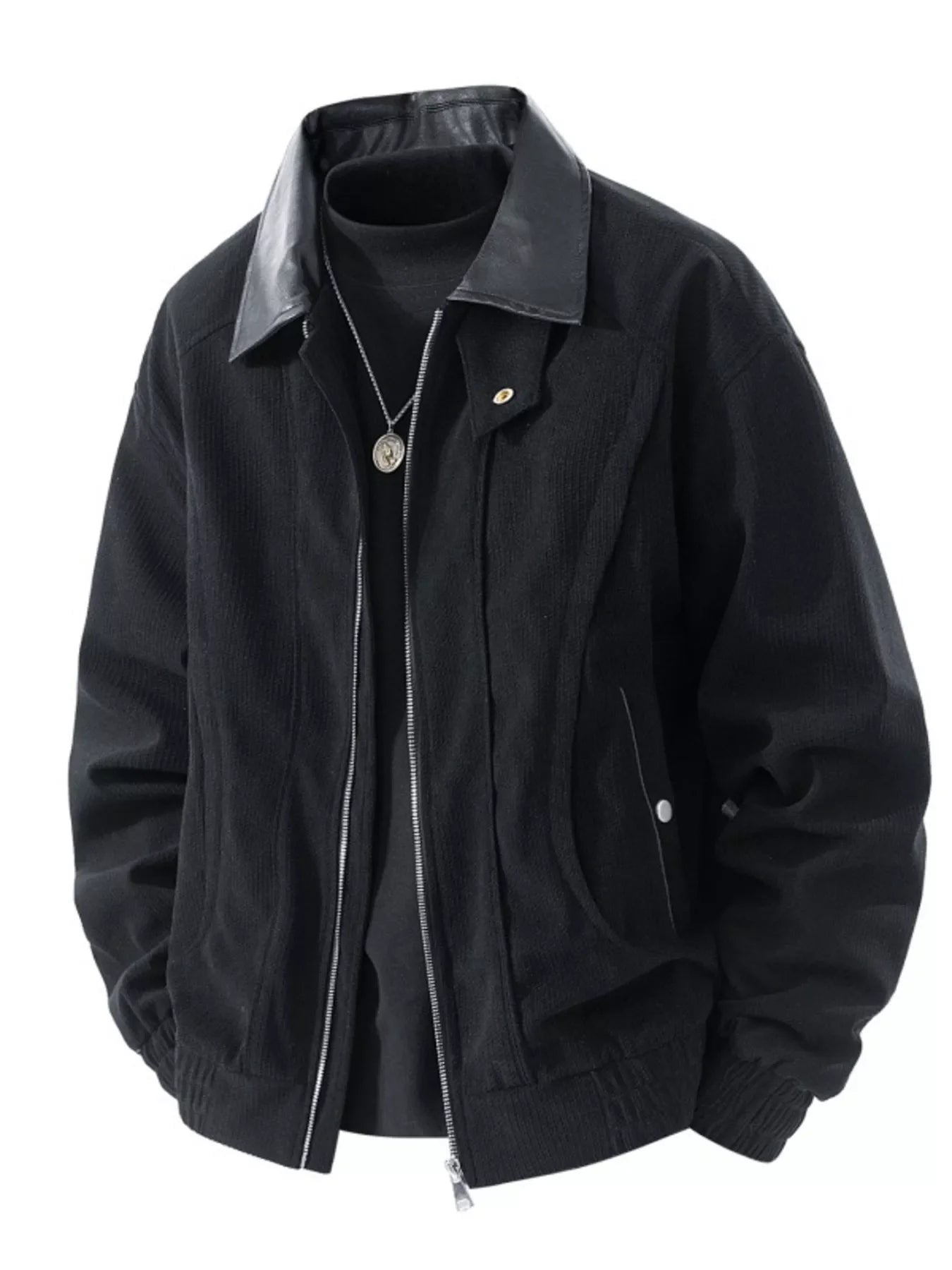 Men's Plus Size Zip Up Corduroy Jacket with Leather Collar