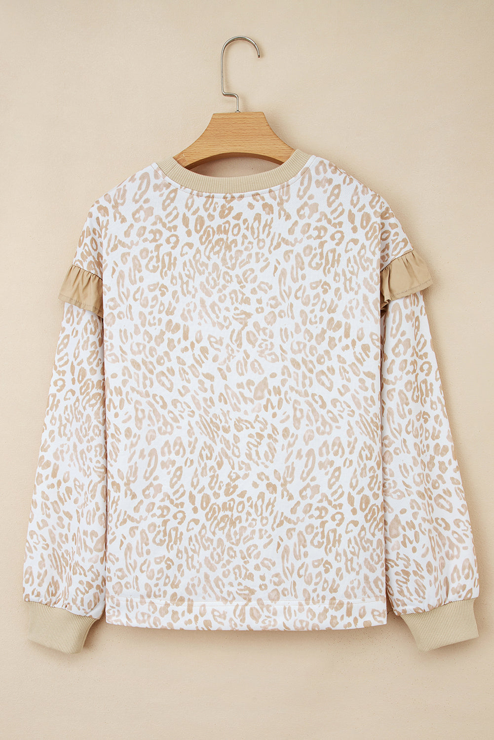 Khaki Leopard Ruffle Detail Ribbed Trim Round Neck Sweatshirt