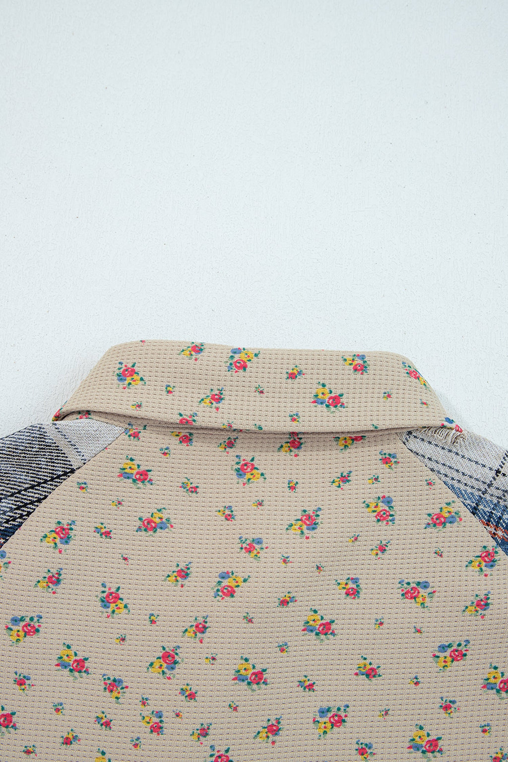 Ashleigh Blue Boho Floral Plaid Patchwork Distressed Detail Ruffled Sleeve Waffle Knit Shacket