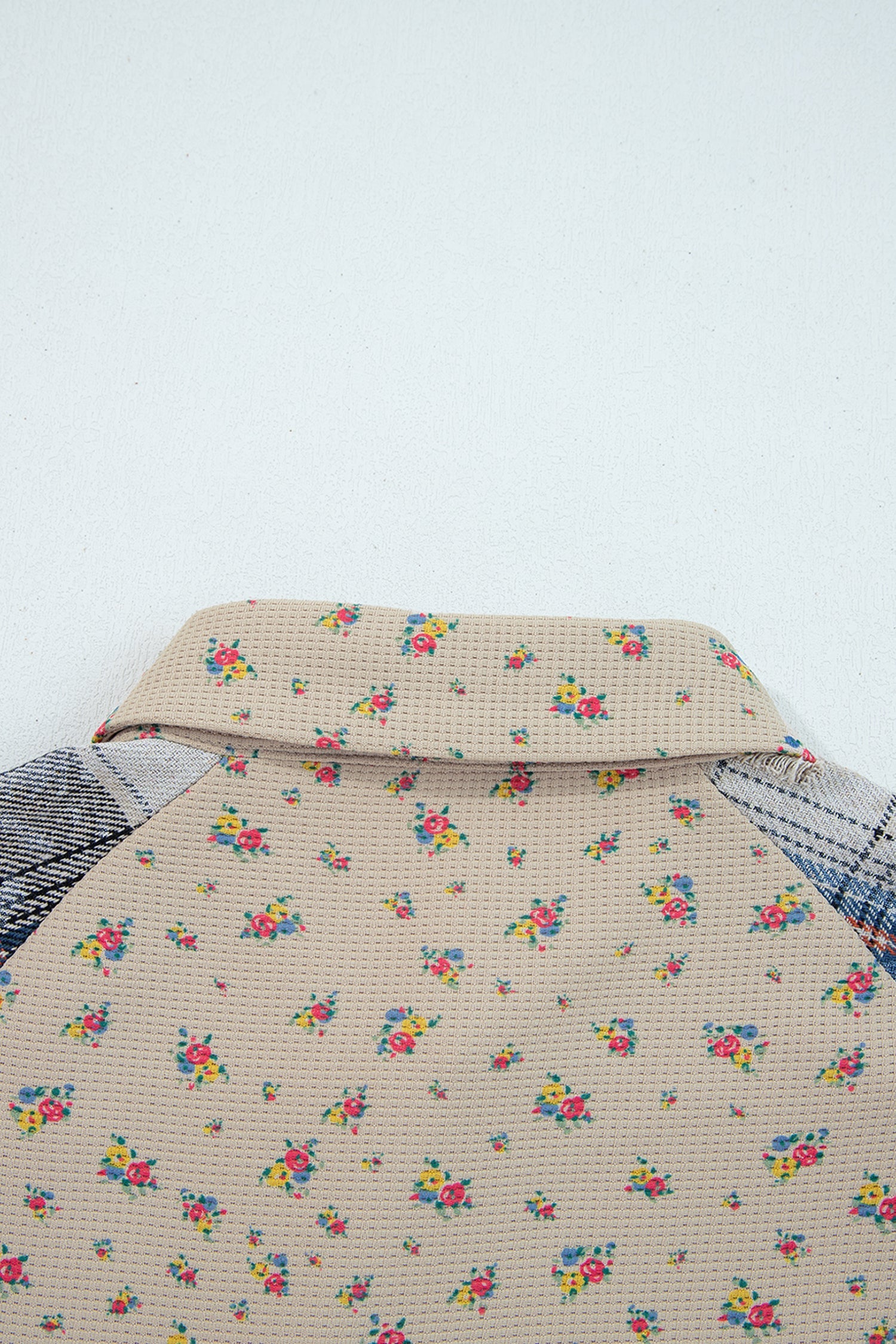 Ashleigh Blue Boho Floral Plaid Patchwork Distressed Detail Ruffled Sleeve Waffle Knit Shacket