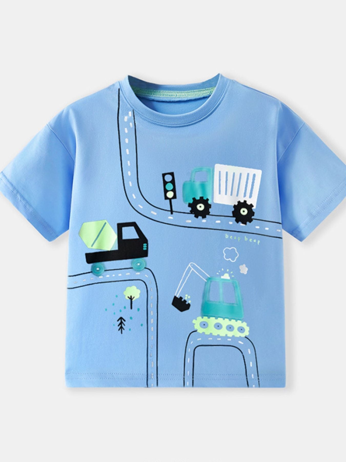 Children's Cartoon Construction Vehicle Print Short Sleeve T-Shirt